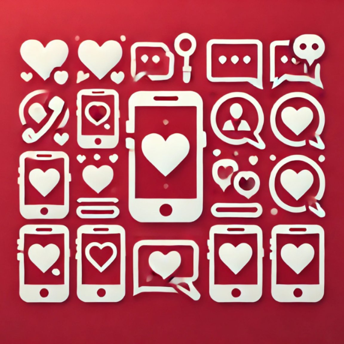 Collection of white icons related to social media and communication, including hearts, speech bubbles, smartphones, and contact symbols, arranged on a red background.
