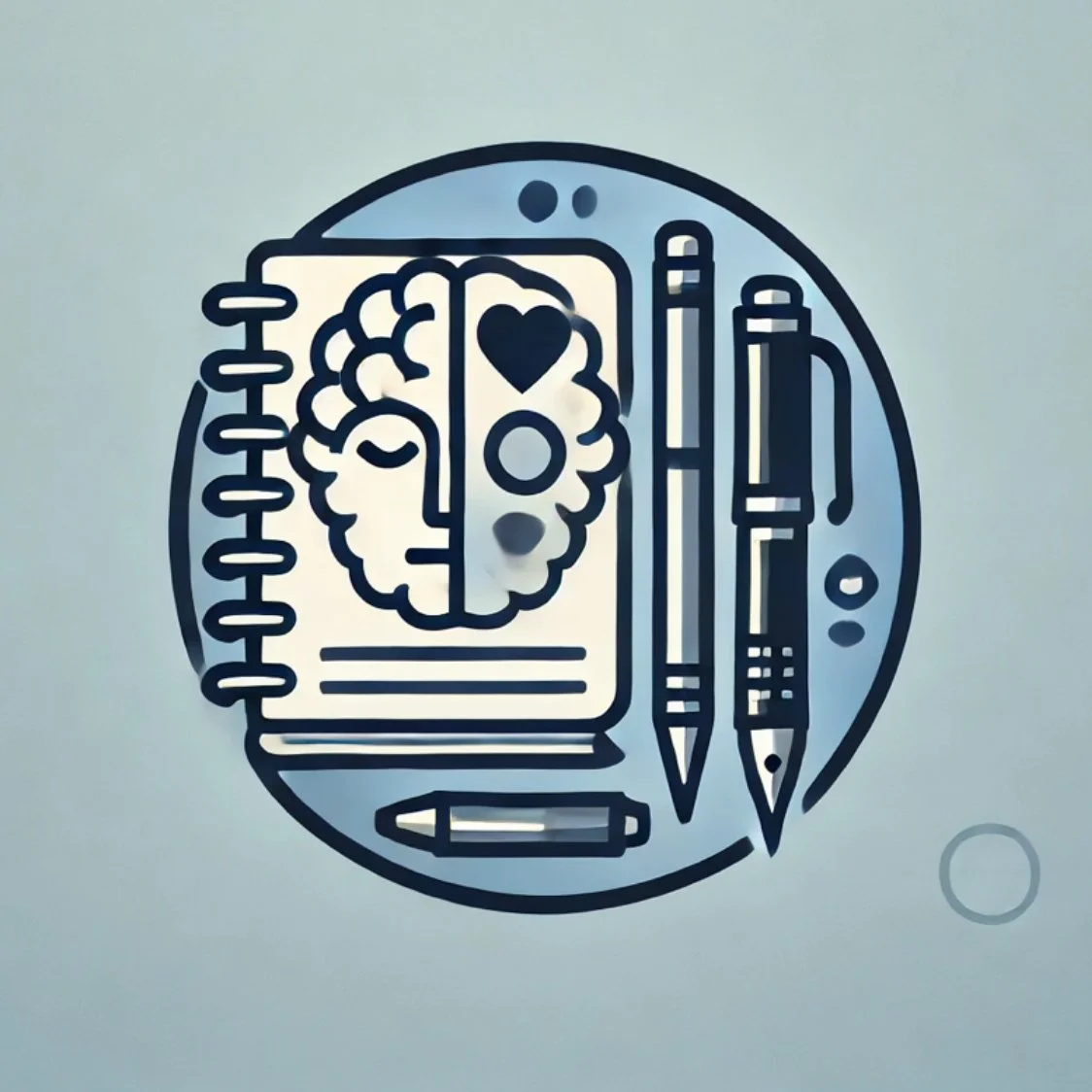 Illustration of a notebook with a brain and heart symbols, surrounded by pens and markers, on a circular background.