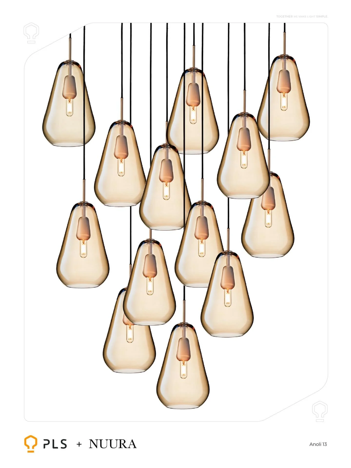 NUURA |  Anoli 13Designed by Sofie Refer. Anoli 13 is a striking cluster chandelier inspired by falling raindrops. The glass shades are hand-blown, &Oslash;7.4&rdquo; x 11.8&rdquo; tall. Choice of opal white or transparent glass with a hand-painted