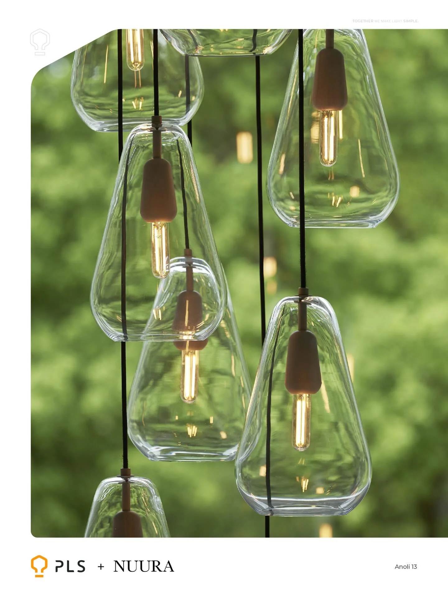 NUURA |  Anoli 13Designed by Sofie Refer. Anoli 13 is a striking cluster chandelier inspired by falling raindrops. The glass shades are hand-blown, &Oslash;7.4&rdquo; x 11.8&rdquo; tall. Choice of opal white or transparent glass with a hand-painted