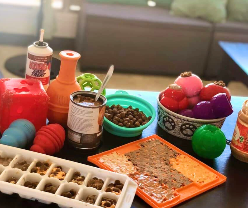 Various dog enrichment toys on a table filled with food