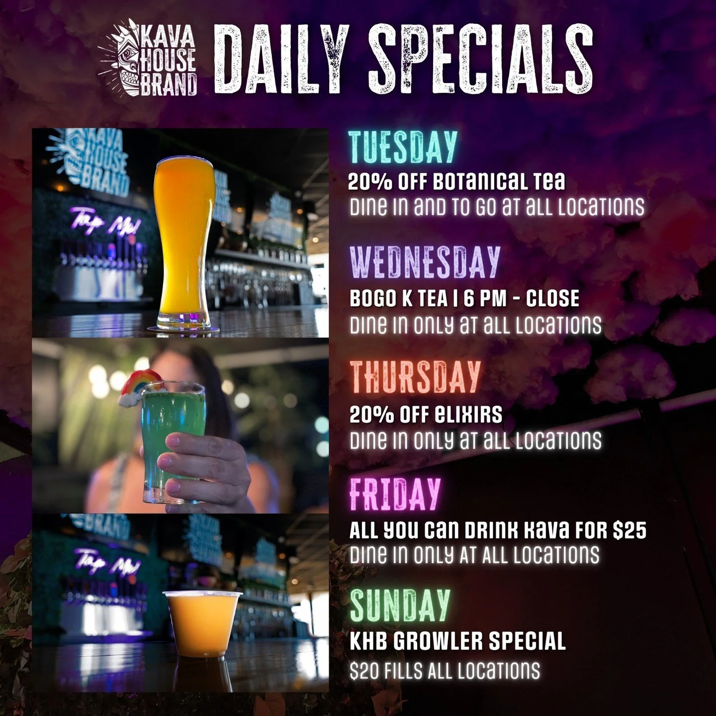 Whether it's botanical teas, elixirs, smoothies, coffee, or kava, we've got something special for everyone. 🍵✨

Which special is your favorite? Drop a comment and let us know! 🗨️💚