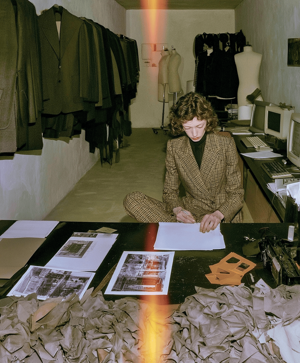 An example of an original designed bespoke tailored garment, couture tailoring, of a black pinstripe blazer with wide shoulders and beige high-waisted pants, standing in a fashion studio with sewing machines and other mannequins in the background.