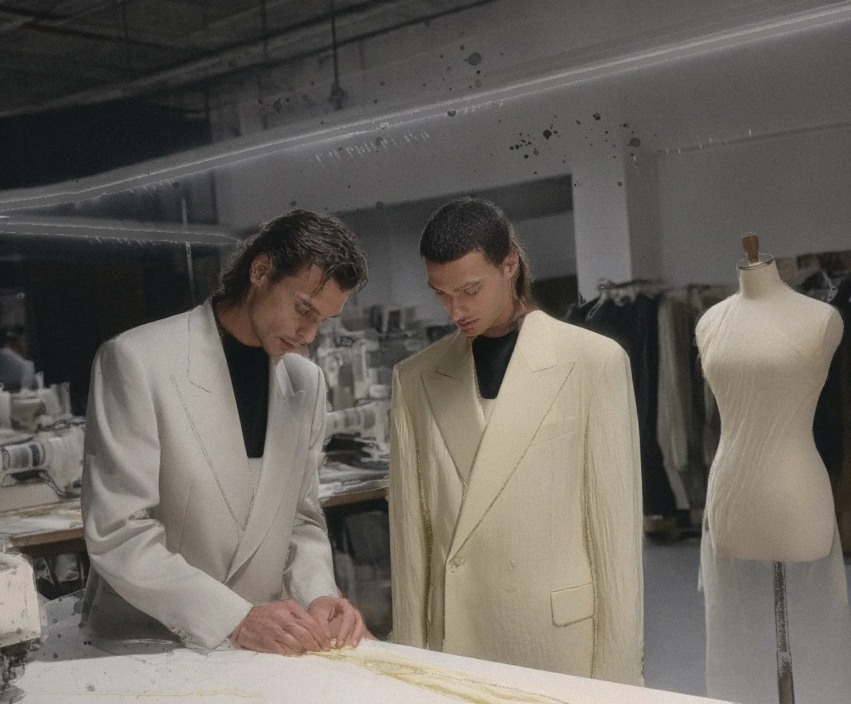 A tailor and a customer examine fabric patterns in a fashion design studio, with a tailored dress form in the background.