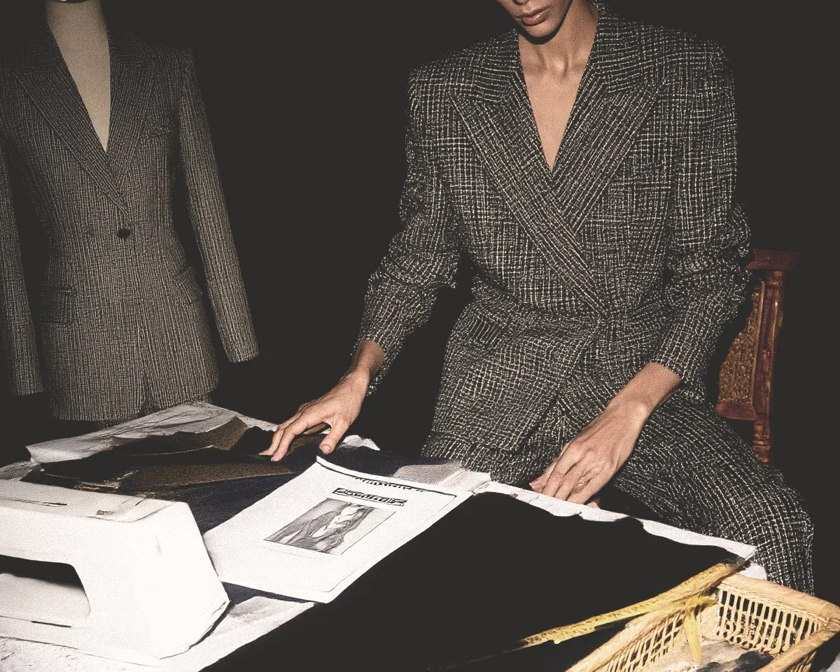 Person in a plaid suit looking though fabric samples on a table, with suit displays in the background.