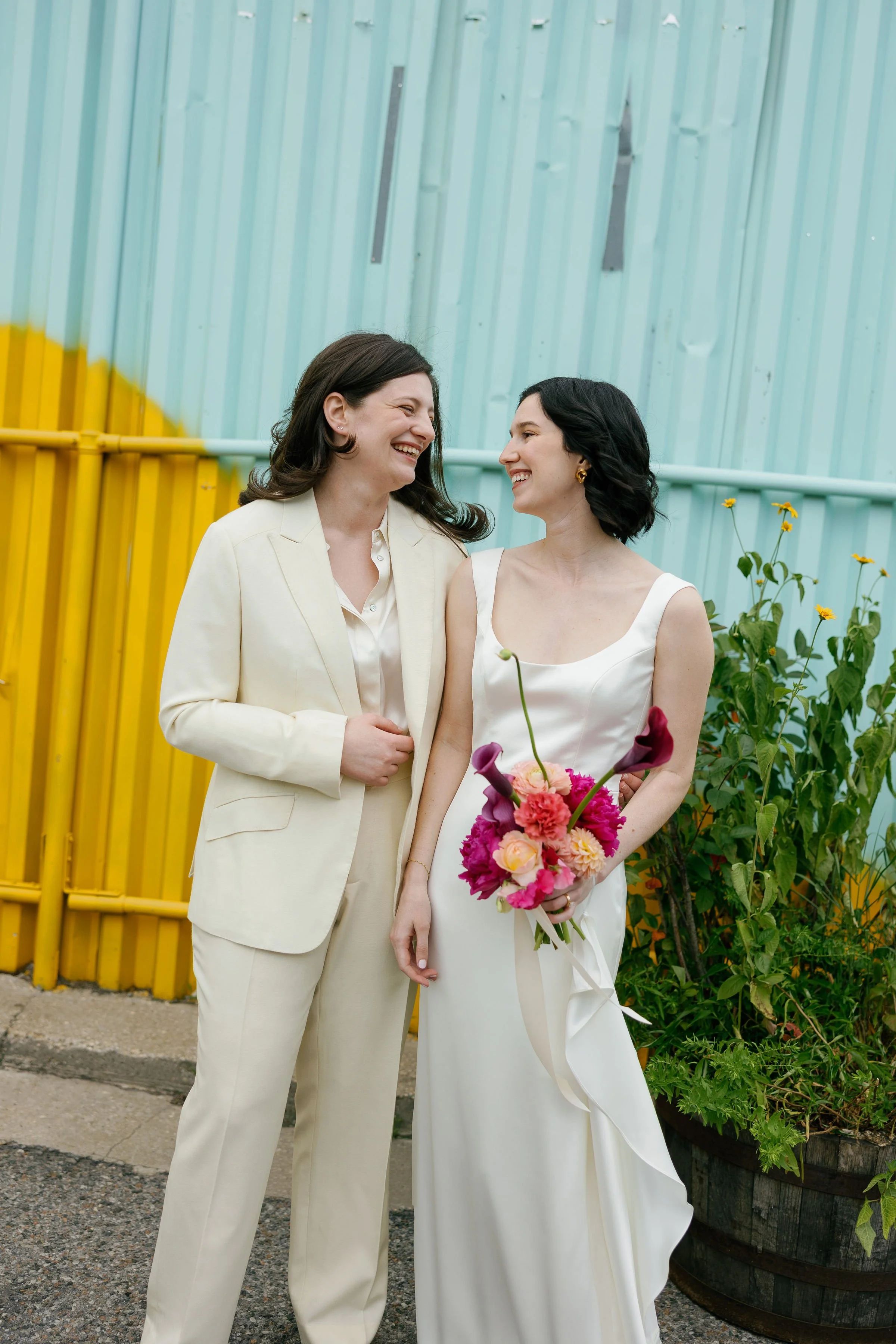 lesbian ivory white wedding suit with silk blouse