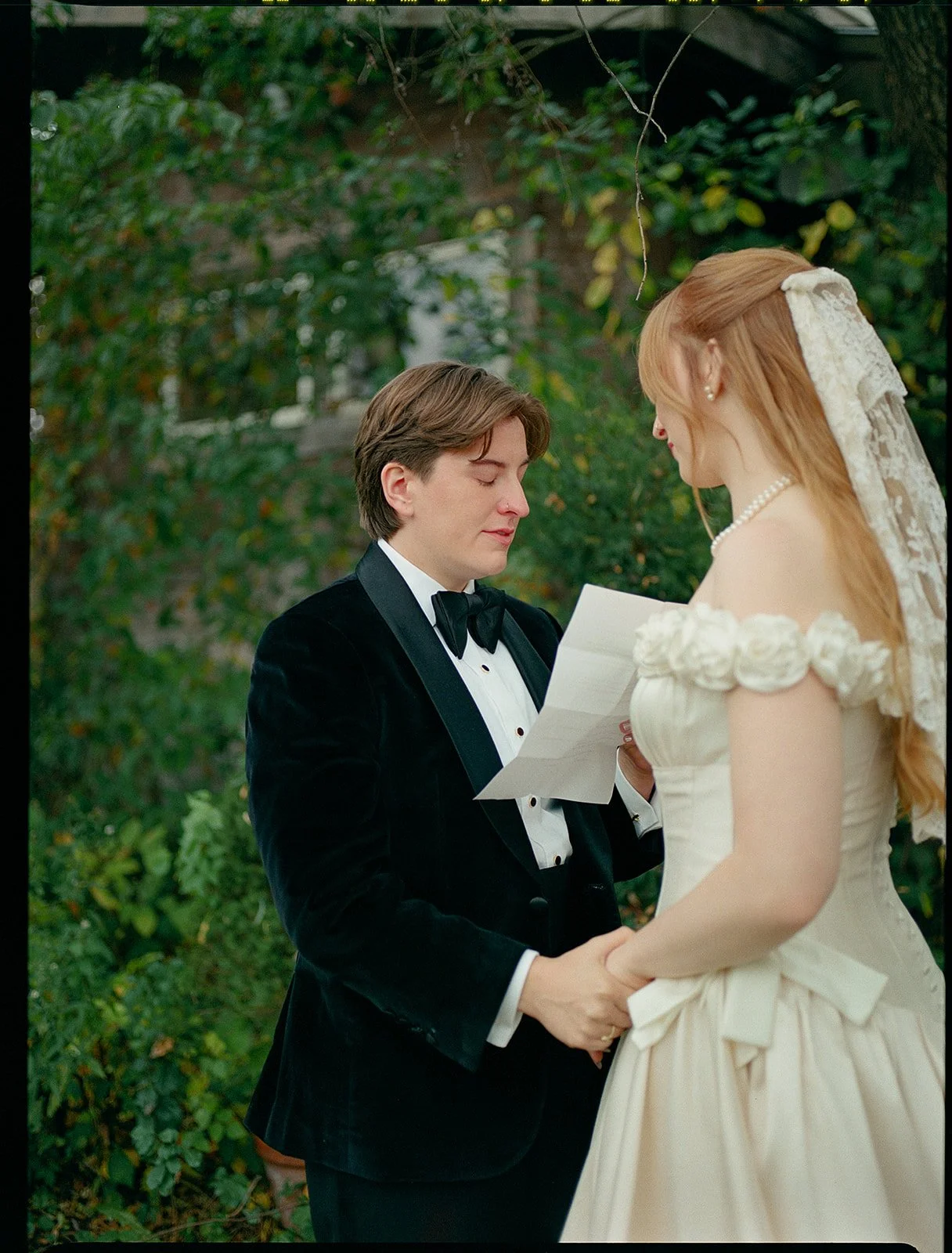 Trans-masc  velvet tuxedo for a queer nonbinary wedding attire