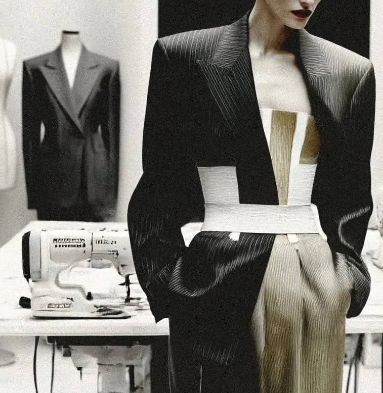 An example of an original designed bespoke tailored garment, couture tailoring, of a black pinstripe blazer with wide shoulders and beige high-waisted pants, standing in a fashion studio with sewing machines and other mannequins in the background.