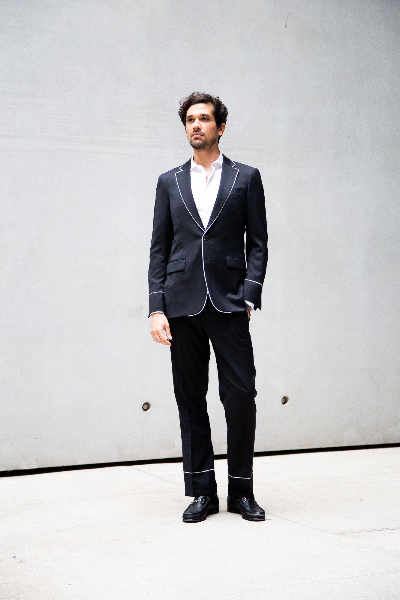 black tux with white satin piping detail