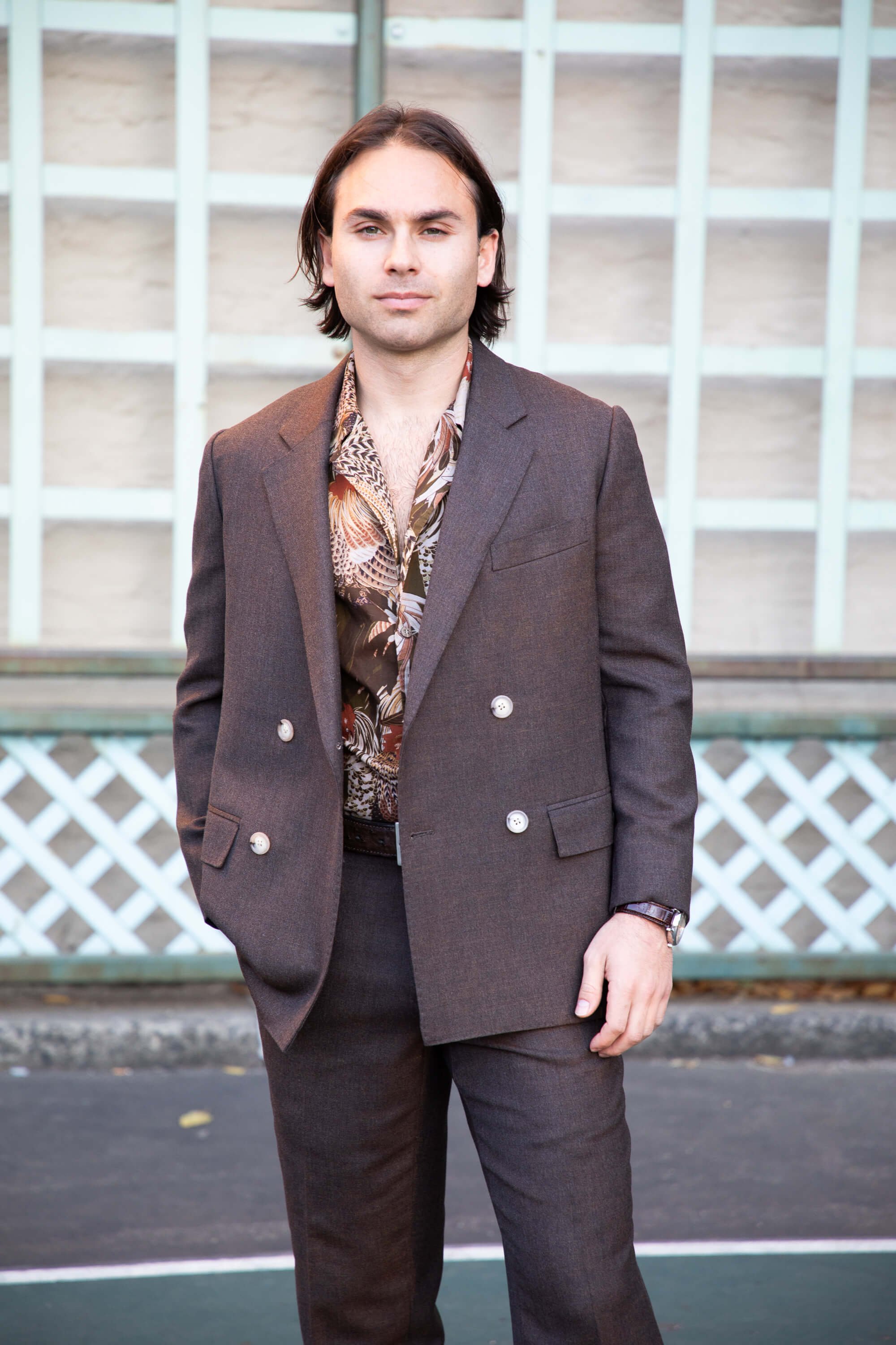 mens double breasted brown bespoke suit with oversized jacket and flared pants