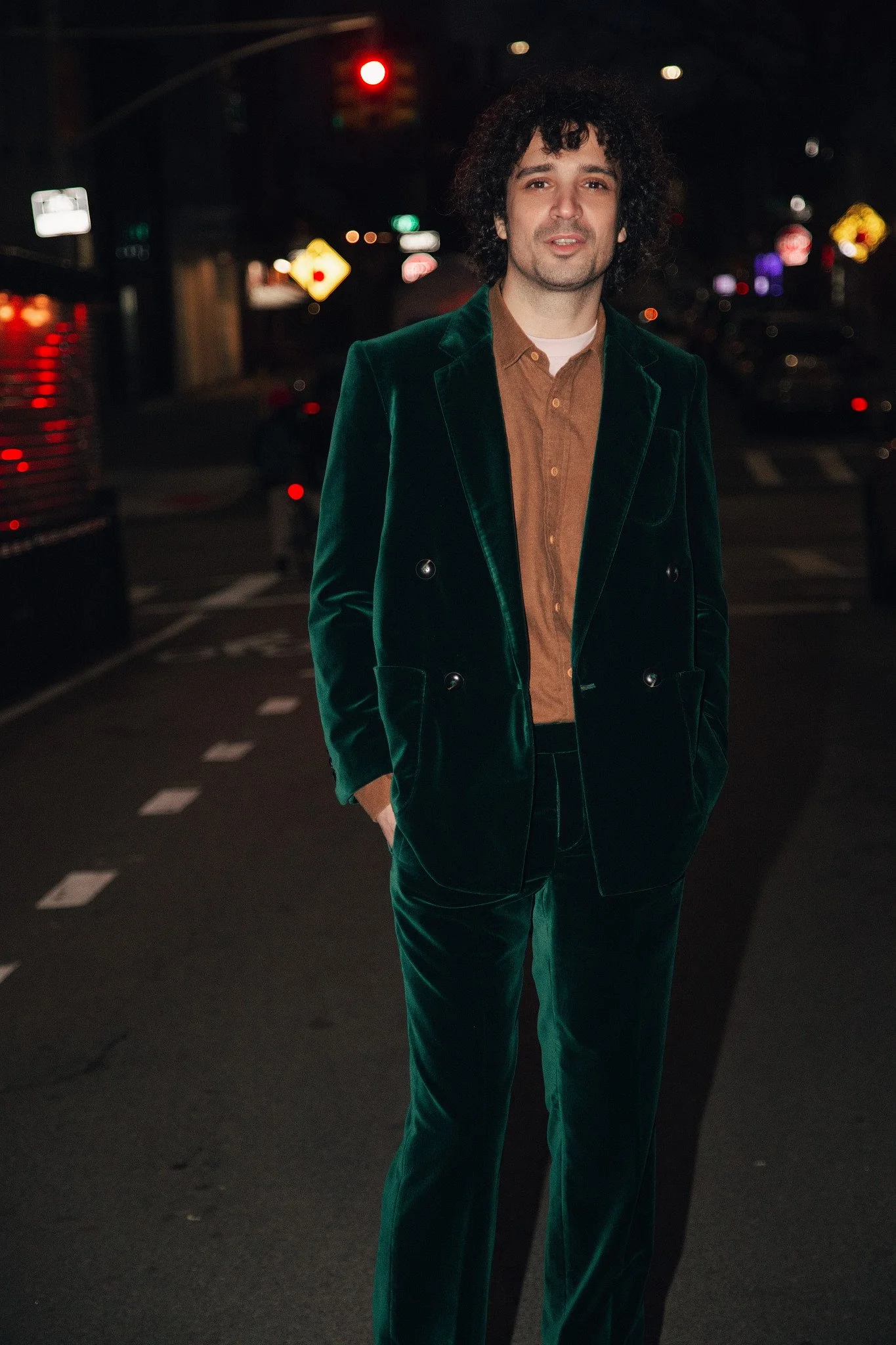 Fabrizio Moretti in a mens custom bottle green velvet suit