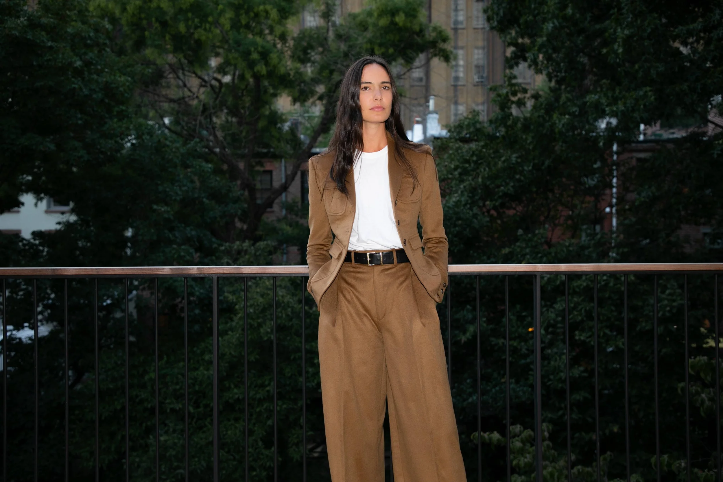 women's camel cashmere pant suit set with pleats