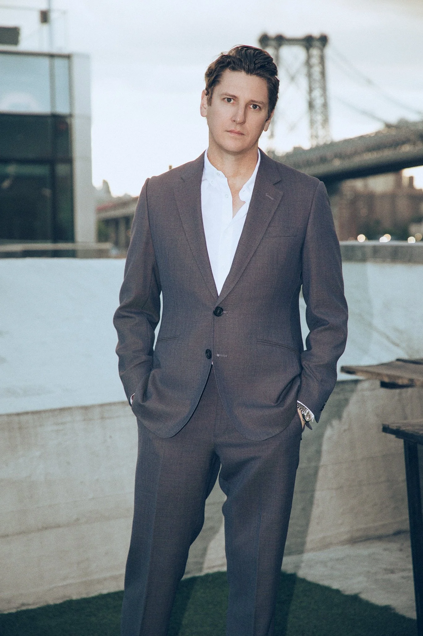 Scott Dooley in Loro Piana Sopra Visso Grey/blue custom mens suit