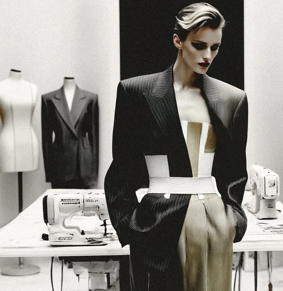 An example of an original designed bespoke tailored garment, couture tailoring, of a black pinstripe blazer with wide shoulders and beige high-waisted pants, standing in a fashion studio with sewing machines and other mannequins in the background.