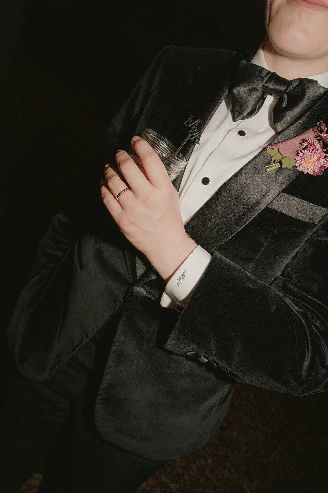 A wedding black velvet tuxedo for a trans man queer nonbinary wedding attire 