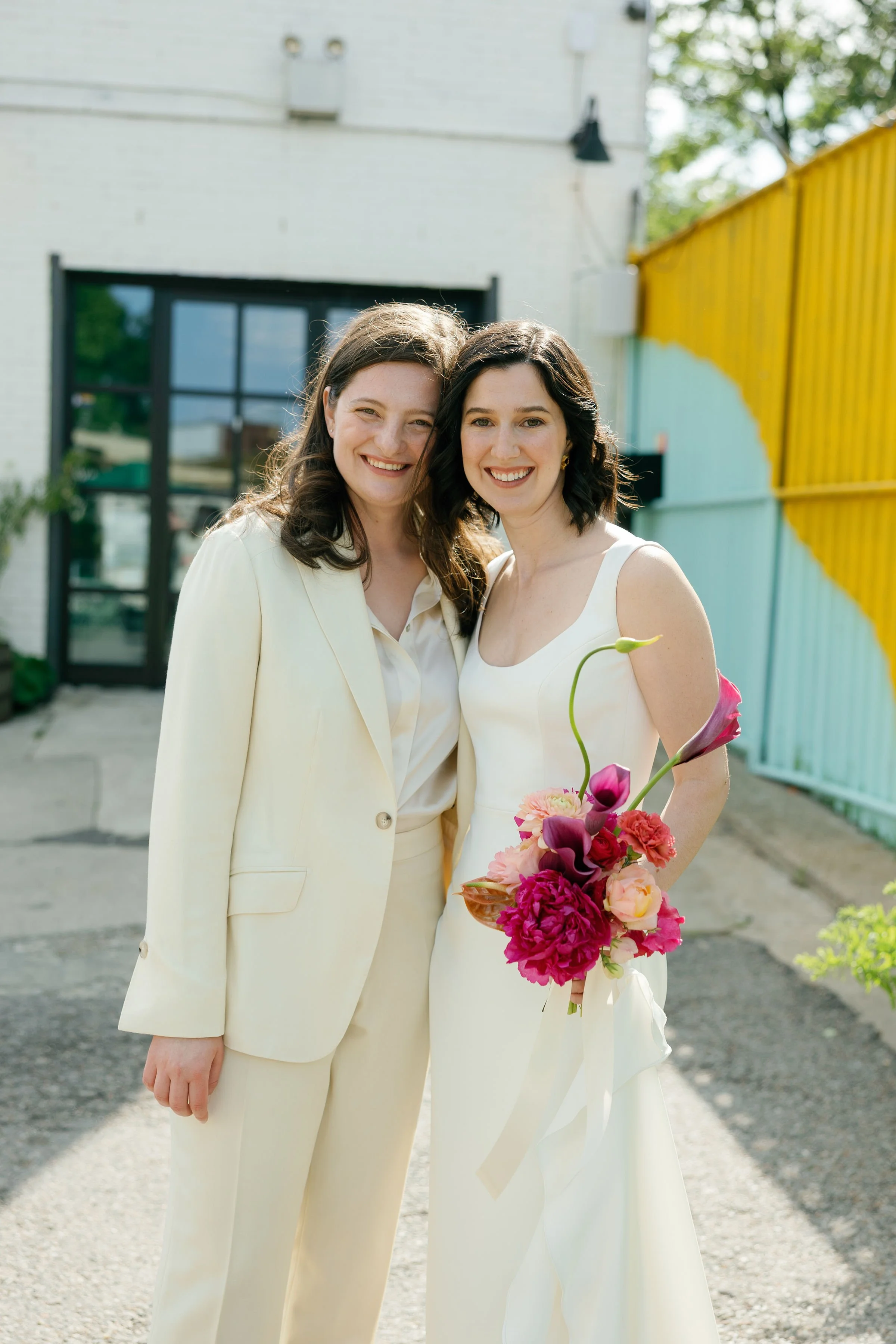 brooklyn lesbian wedding nonbinary white wedding suit