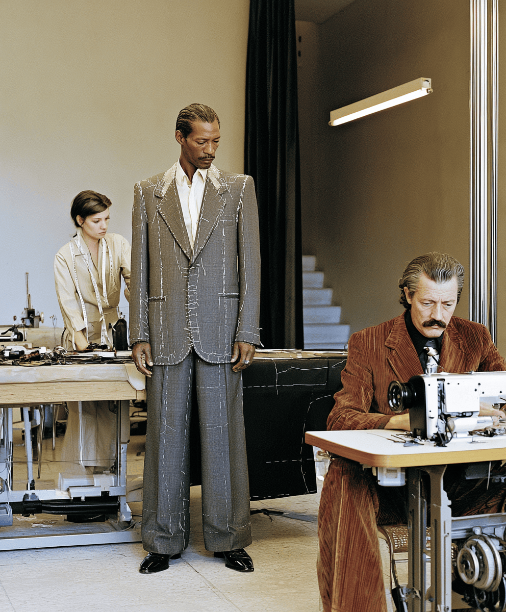 A tailor and a customer examine fabric patterns in a fashion design studio, with a tailored dress form in the background.