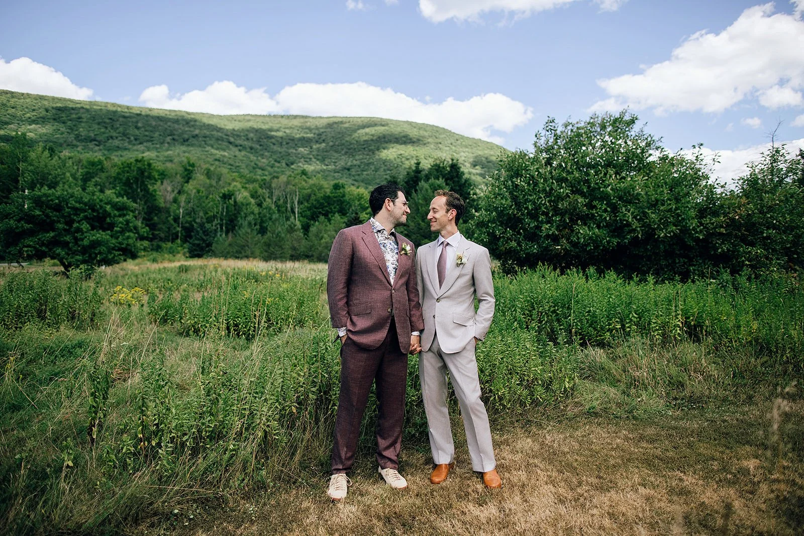 Gay men's wedding suits mens burgundy suit and mens beige suit in silk and wool, summer wedding suits for men