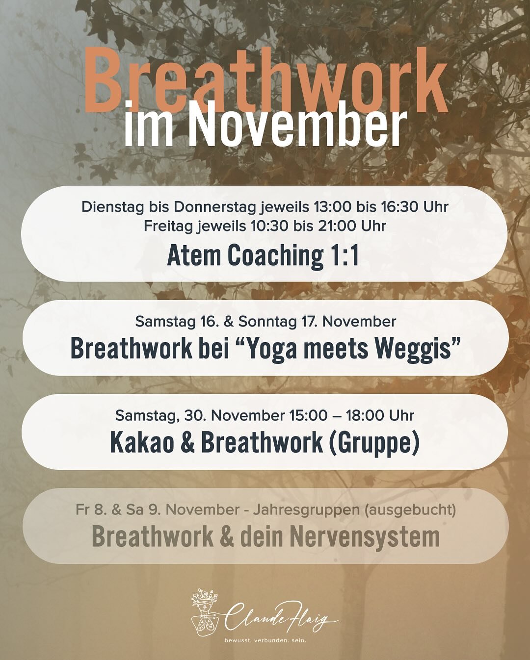 Gruppen-Sessions

-&mdash;&mdash;&mdash;&mdash;&mdash;&mdash;

Im November gibt es im @herzwegyoga_studio erneut besondere M&ouml;glichkeiten, die Kraft des Atems zu erleben und tief mit dir selbst in Verbindung zu kommen! 🌬️❤️

Am Samstag, den 16. 
