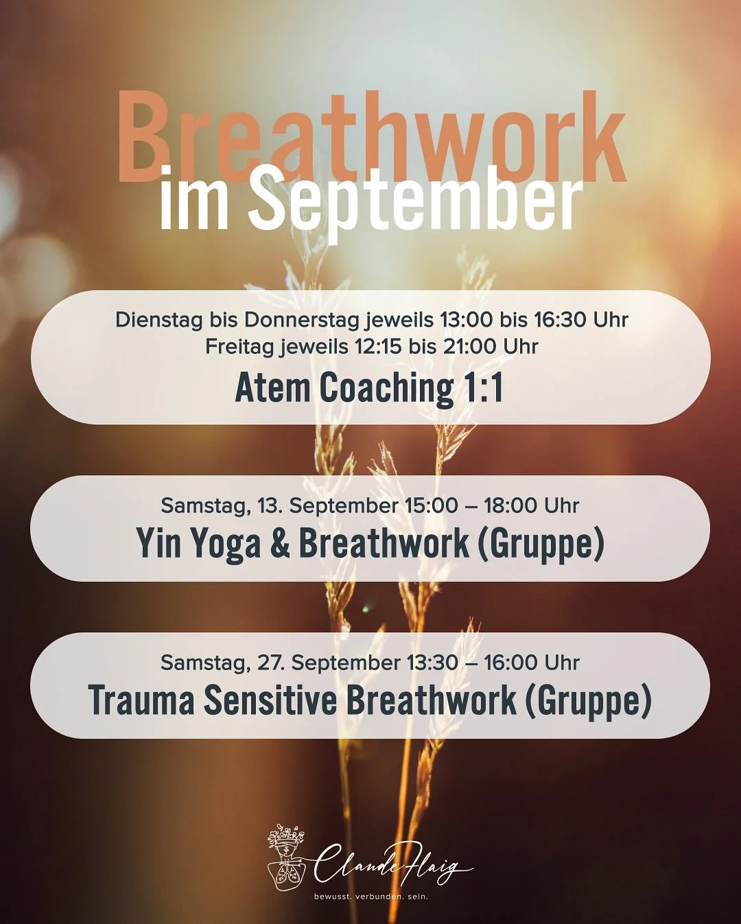 Breathwork Gruppen-Sessions
-&mdash;&mdash;&mdash;&mdash;&mdash;&mdash;

Bei unseren Atemreisen steht die bewusste verbundene Atmung im Zentrum. Die Gruppenenergie schafft ein kraftvolles Feld, das dich tr&auml;gt und dich unterst&uuml;tzt, tief in d