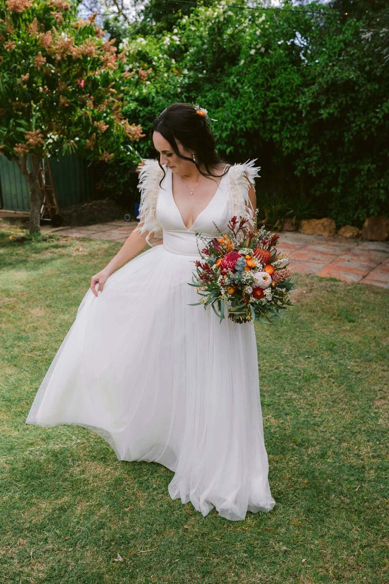 Sarah’s feather dress at Old Young’s Kitchen venue 