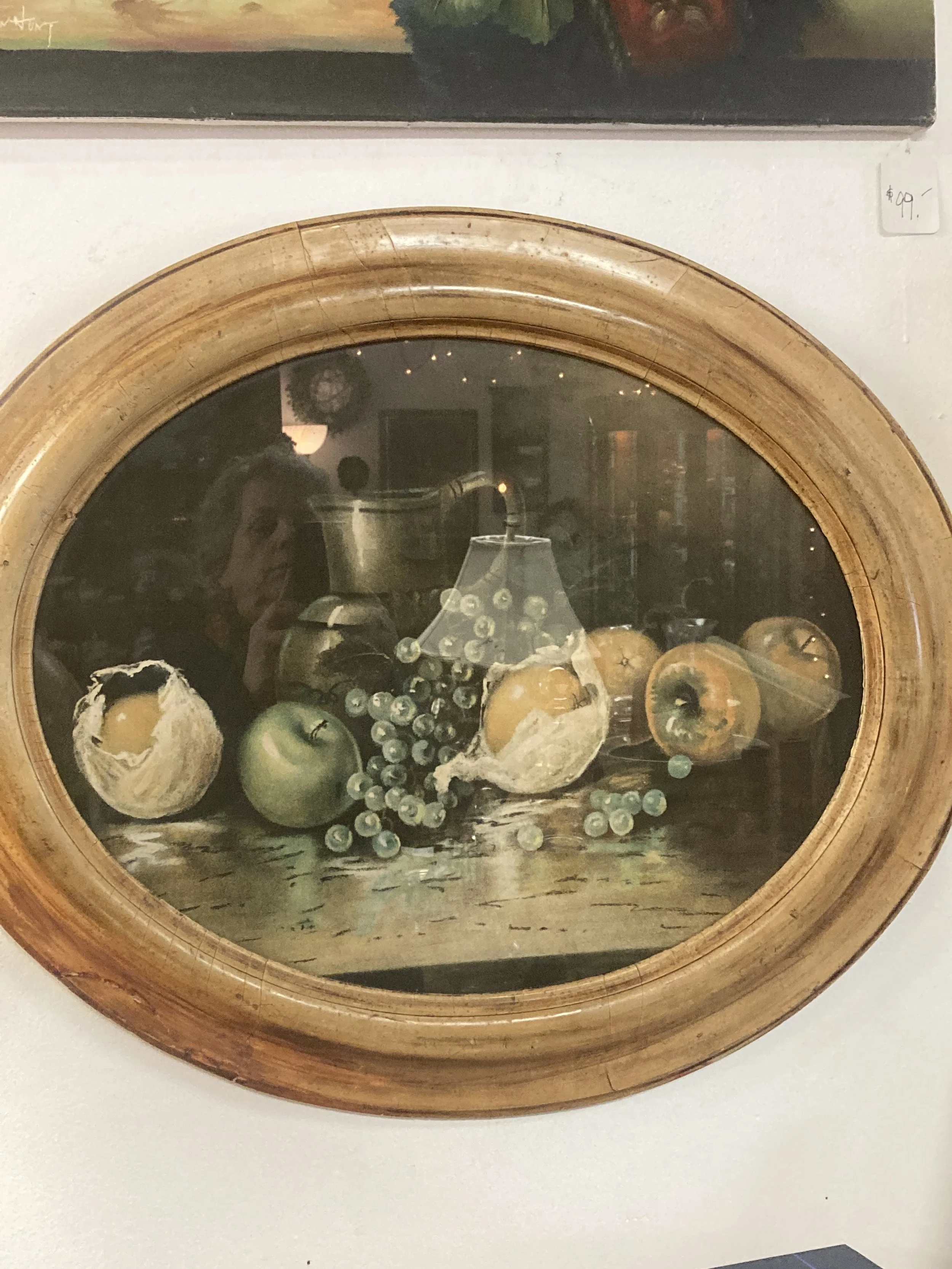 Vintage Oval Still Life Painting with Fruit and Pitcher