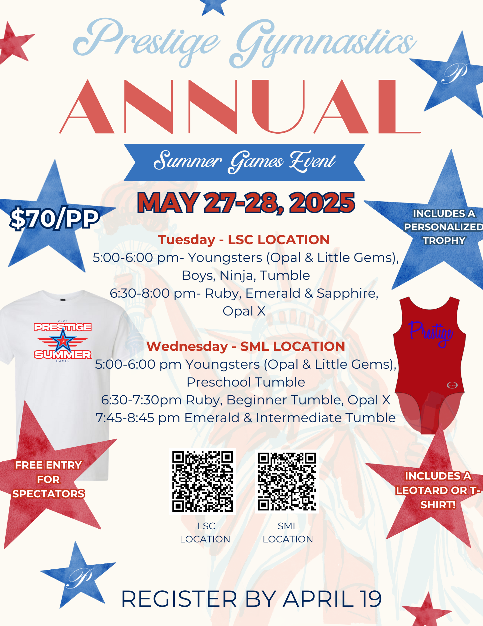 Event poster for Prestige Gymnastics' annual summer games event on May 27-28, 2025, featuring schedule details, pricing, location, and QR codes, with patriotic stars and a leotard image.
