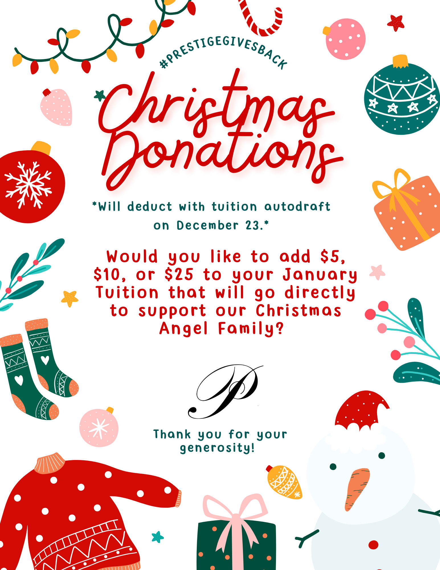 A holiday-themed flyer requesting donations for a Christmas family, featuring Christmas ornaments, a snowman, wrapped gifts, stockings, and decorative holiday elements.