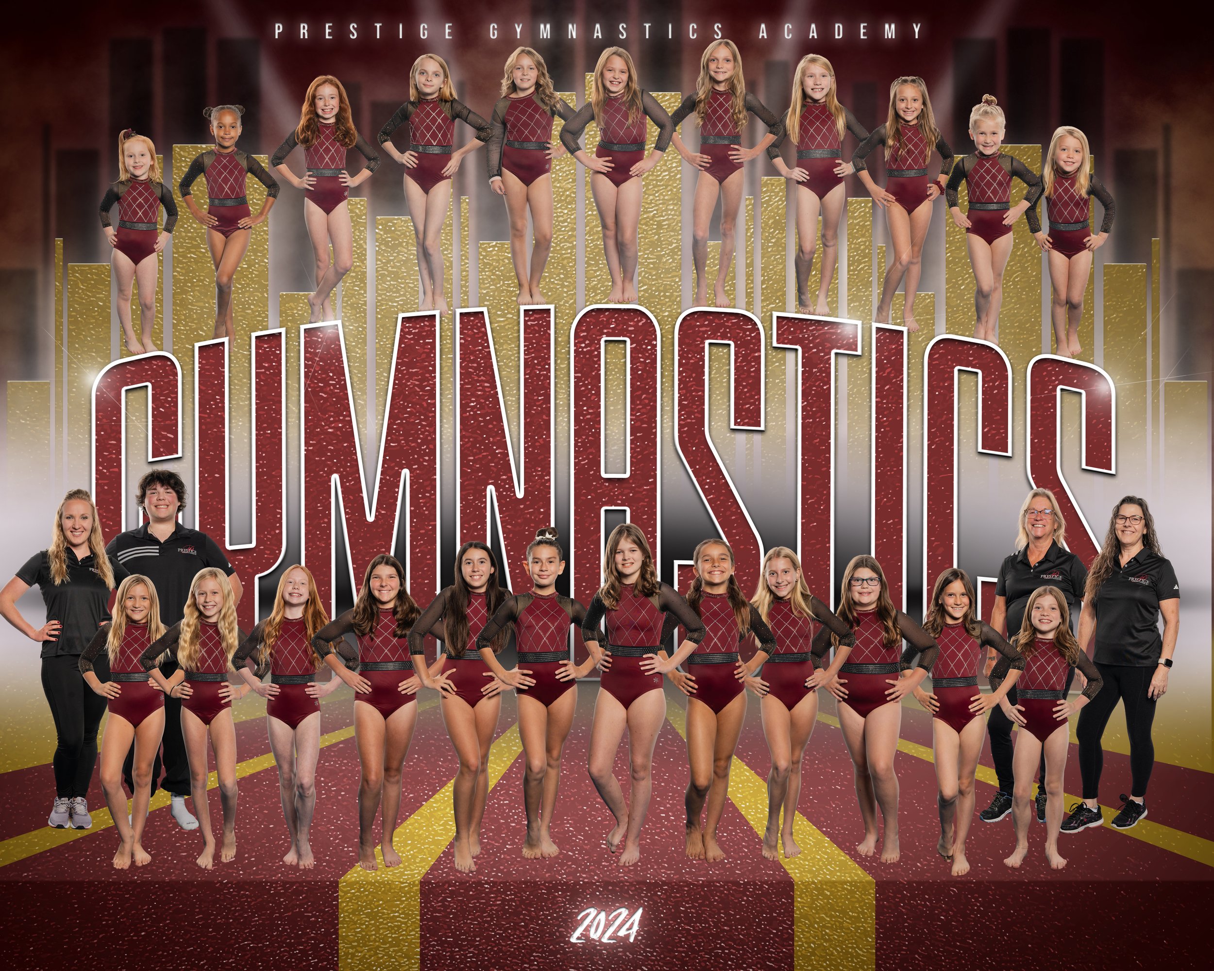 Group photo of young female gymnasts and their coaches in front of a backdrop with large text reading 'GYMNASTICS' and 'PRESTIGE GYMNASTICS ACADEMY'. The girls are dressed in matching maroon and black leotards, and the coaches are in black polo shirts with the academy's logo. The setting is decorated with gold and maroon elements, with the year '2024' at the bottom.
