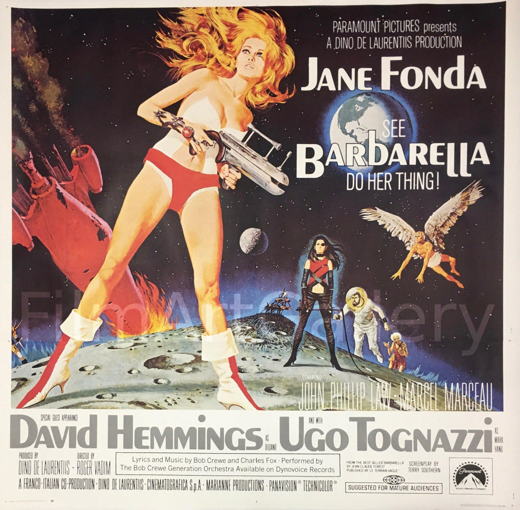 Robert McGinnis Barbarella movie poster featuring Jane Fonda in futuristic space outfit holding ray gun on alien landscape with cosmic background and other sci-fi characters