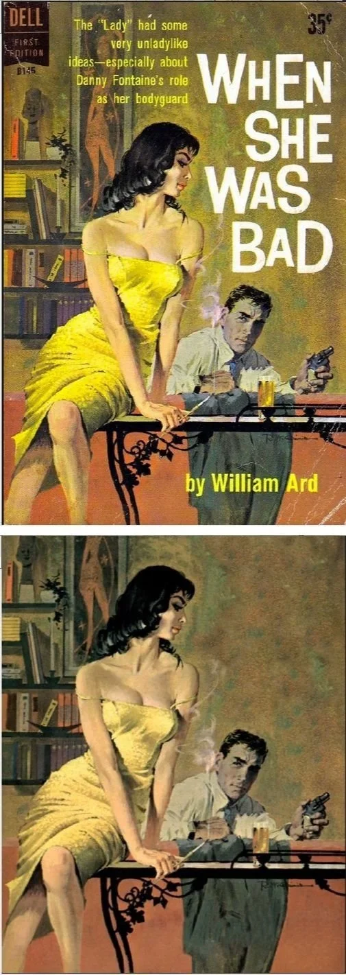 Robert McGinnis Dell paperback book cover art for When She Was Bad showing elegant woman in yellow dress and man with gun in library setting with monochromatic background.