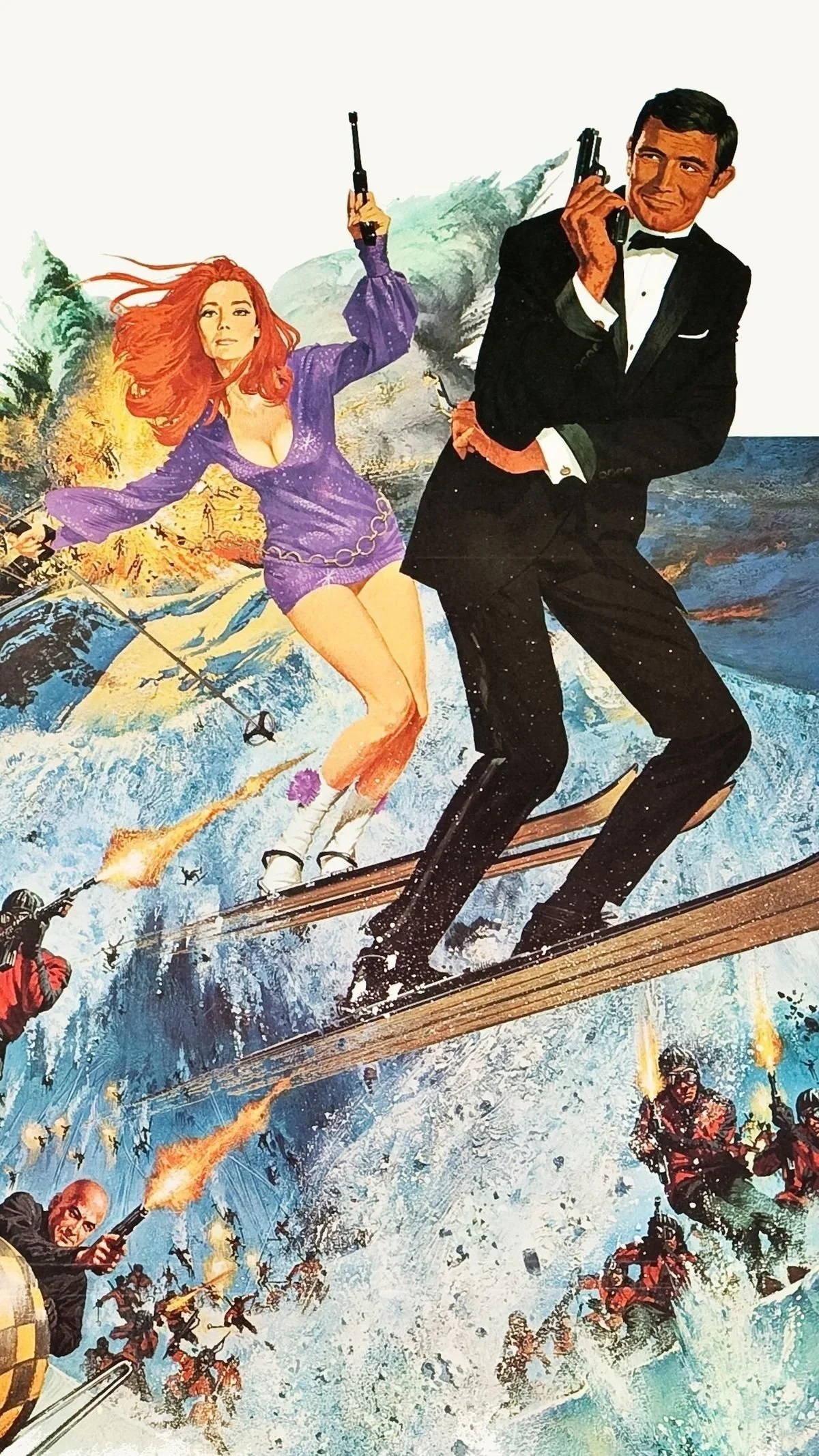 Robert McGinnis movie poster artwork showing James Bond and red-haired woman skiing down mountain slopes while being chased by armed enemies in explosive action scene from On Her Majesty's Secret Service