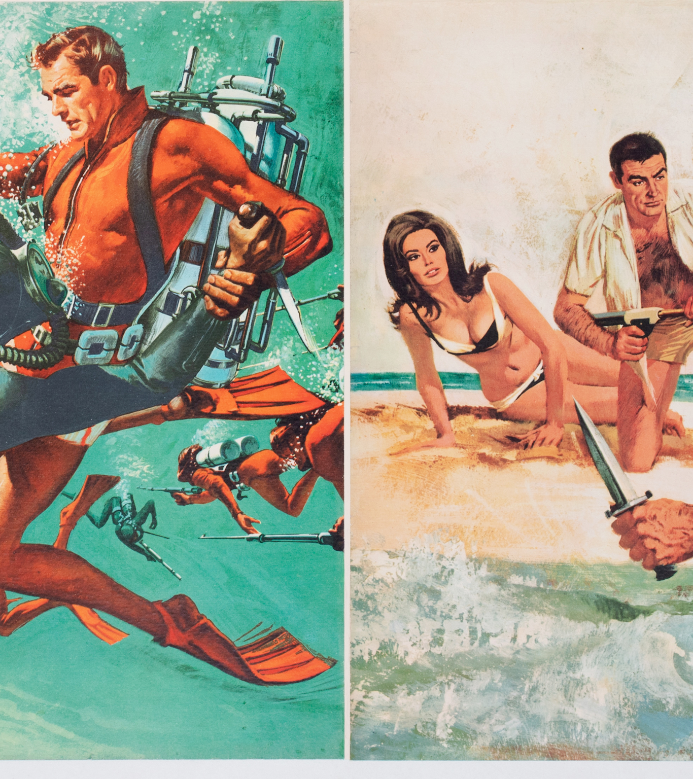 Robert McGinnis Thunderball poster art showing split scene with underwater divers in combat gear on left and beach scene with woman in bikini and armed man on right