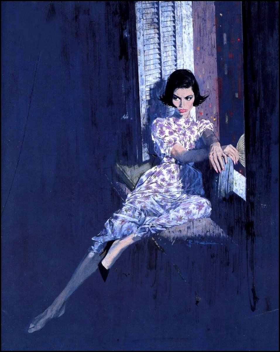Robert McGinnis painting of woman in floral dress reclining by window against dark blue monochromatic background showing his signature elongated figure style.