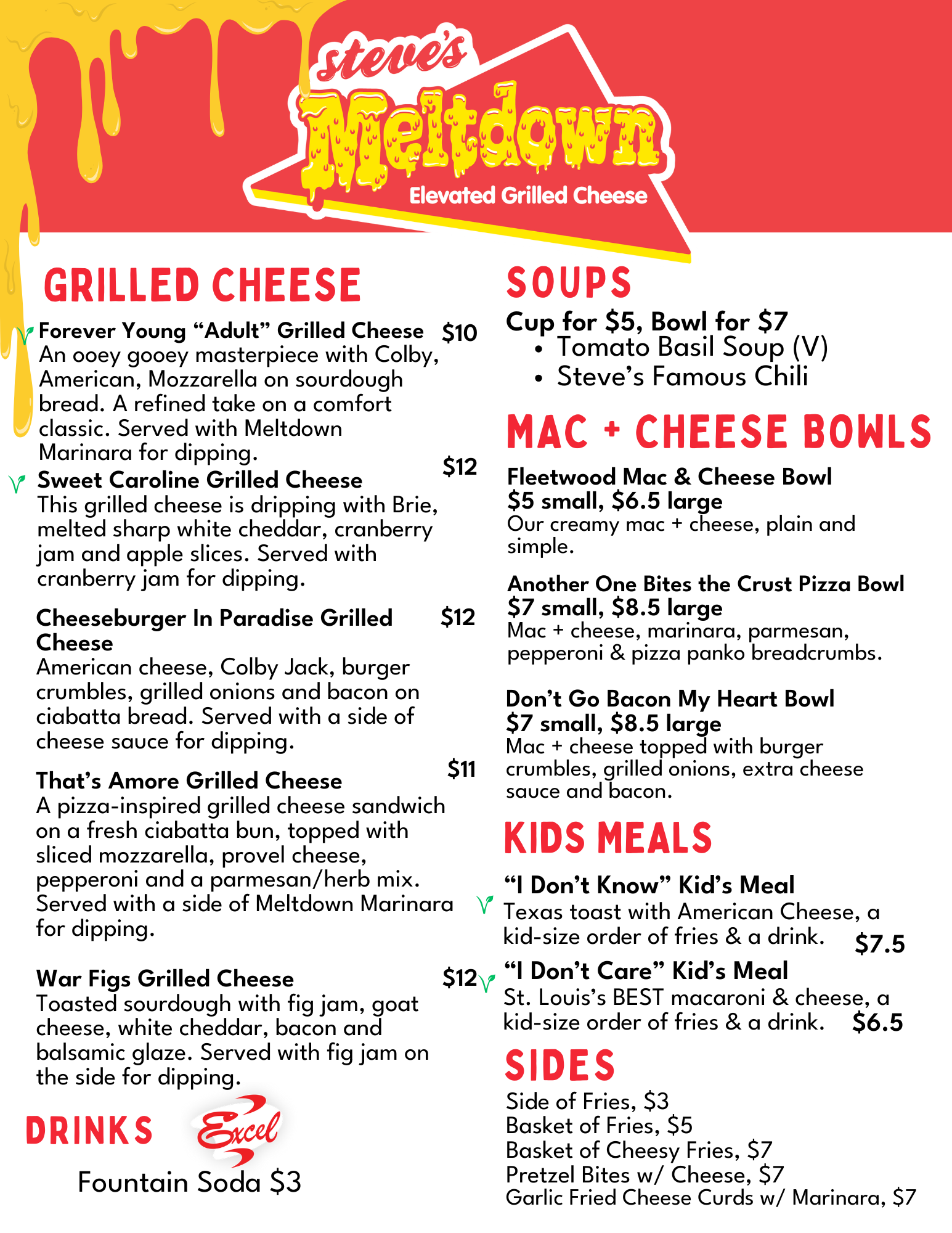 Menu — Steve's Meltdown - Elevated Grilled Cheese