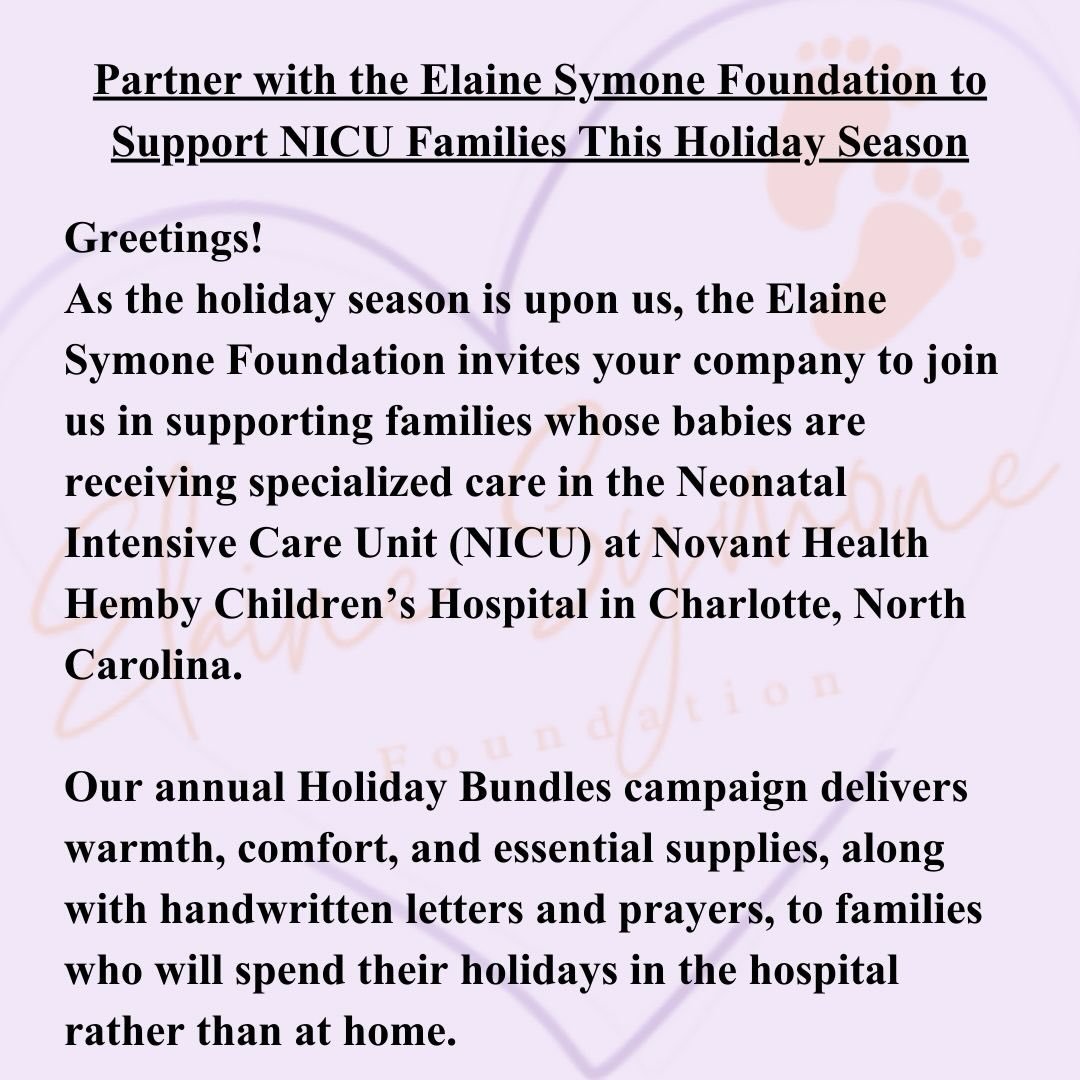 At The Elaine Symone Foundation, our commitment is to walk alongside NICU families&mdash;offering comfort, care, and support during some of the most challenging moments of their lives.✨ 

This year, we are inviting new corporate and small business pa