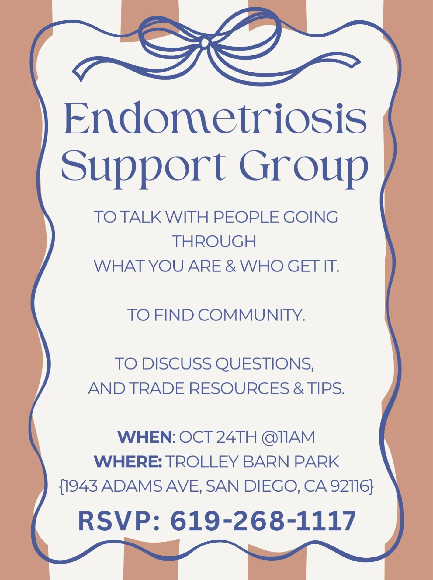 I&rsquo;m hosting a {free} endometriosis support group for San Diego. All are welcome!

💛Come for community. 

✨Chat with people that get it.

🌼Meet people that are going through what you are.

🔅Join if you want tips from someone who has been ther