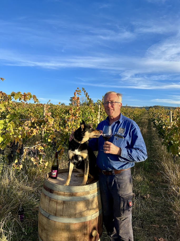 James Sweetapple Cargo Road Wines with wine and kelpie