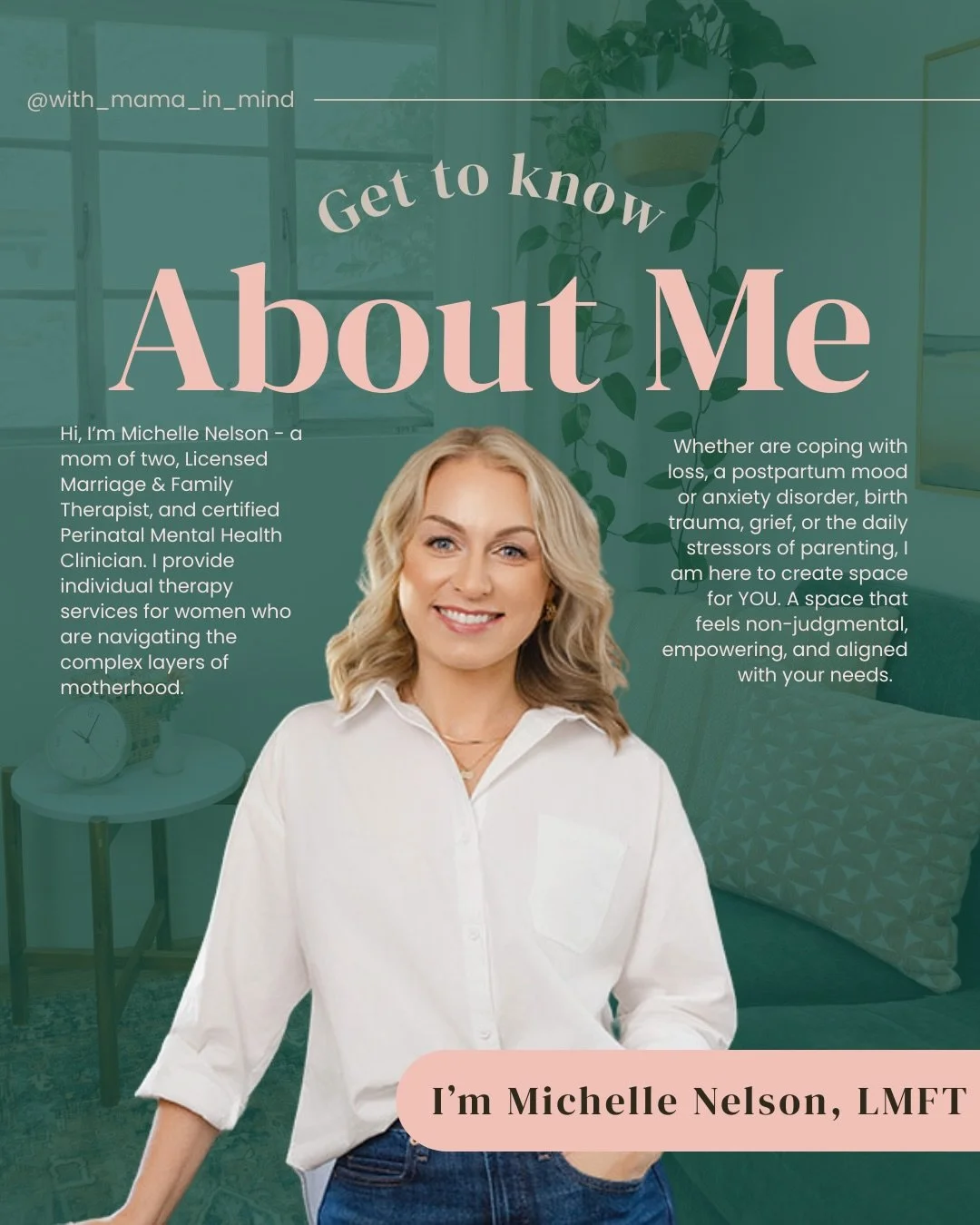 Hi, I&rsquo;m Michelle Nelson - a mom of two, Licensed Marriage &amp; Family Therapist, and certified Perinatal Mental Health Clinician. I provide individual therapy services for women who are navigating the complex layers of motherhood. Whether are 