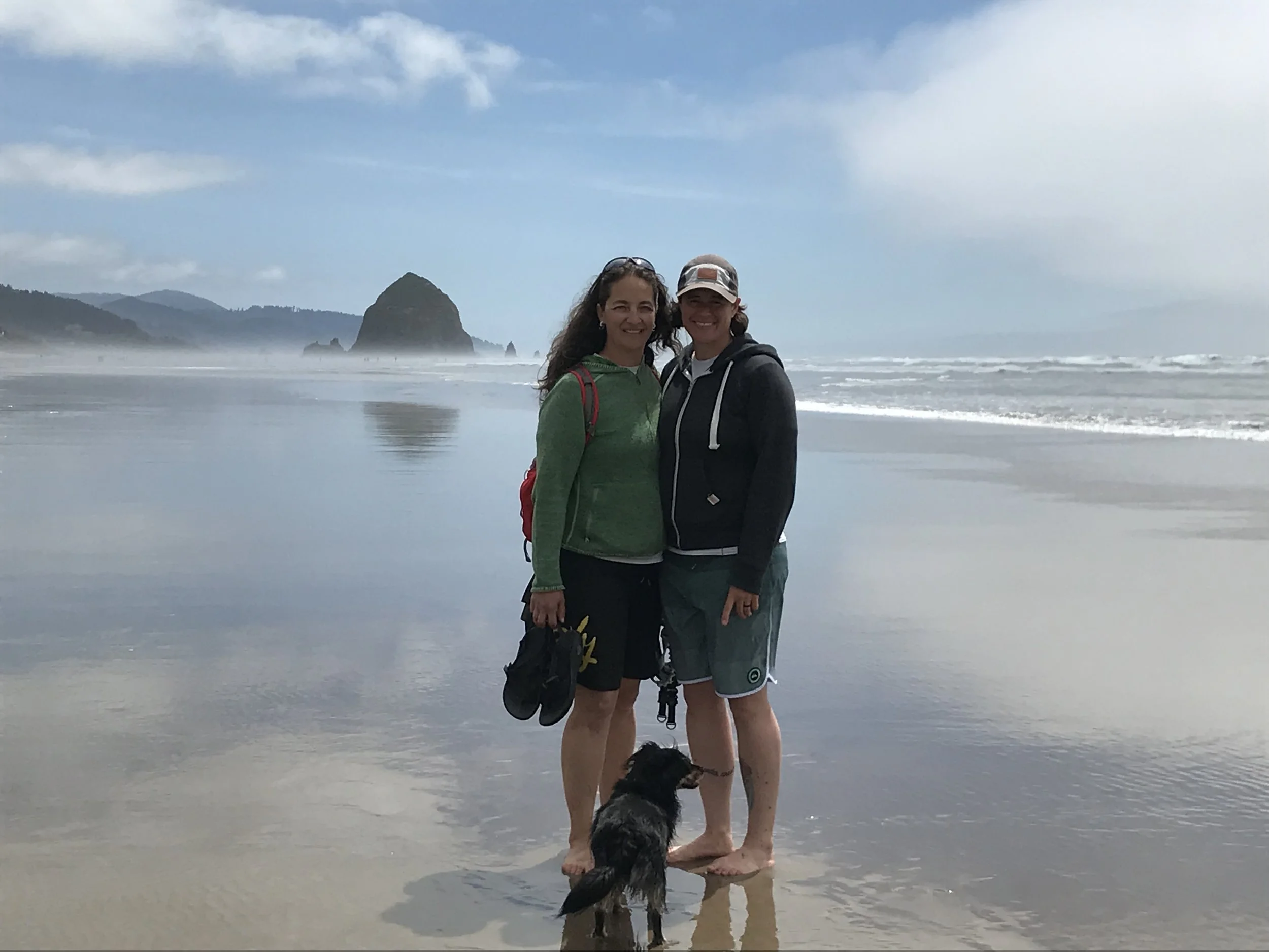 Two women and a dog standing on a wet sandy beach with waves in the background and large rock formations offshore.