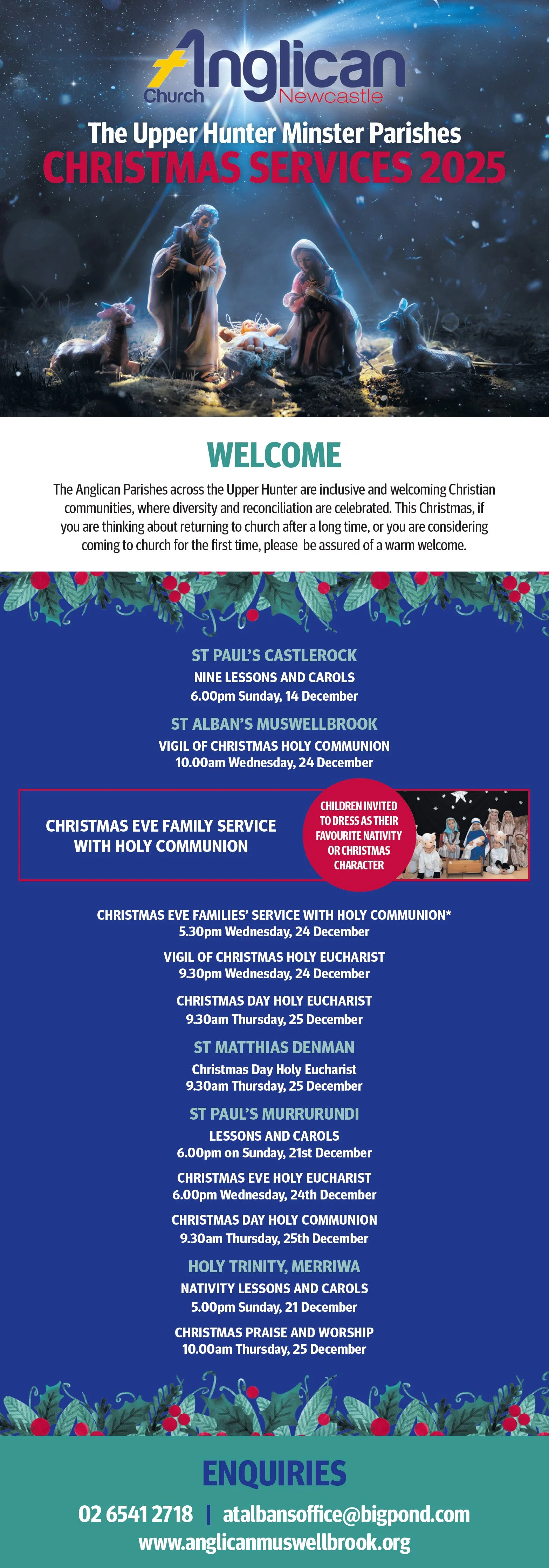 Profides the details of the 2025 Christmas services. This information is also available by navigating to News and Events and going to upcoming events.