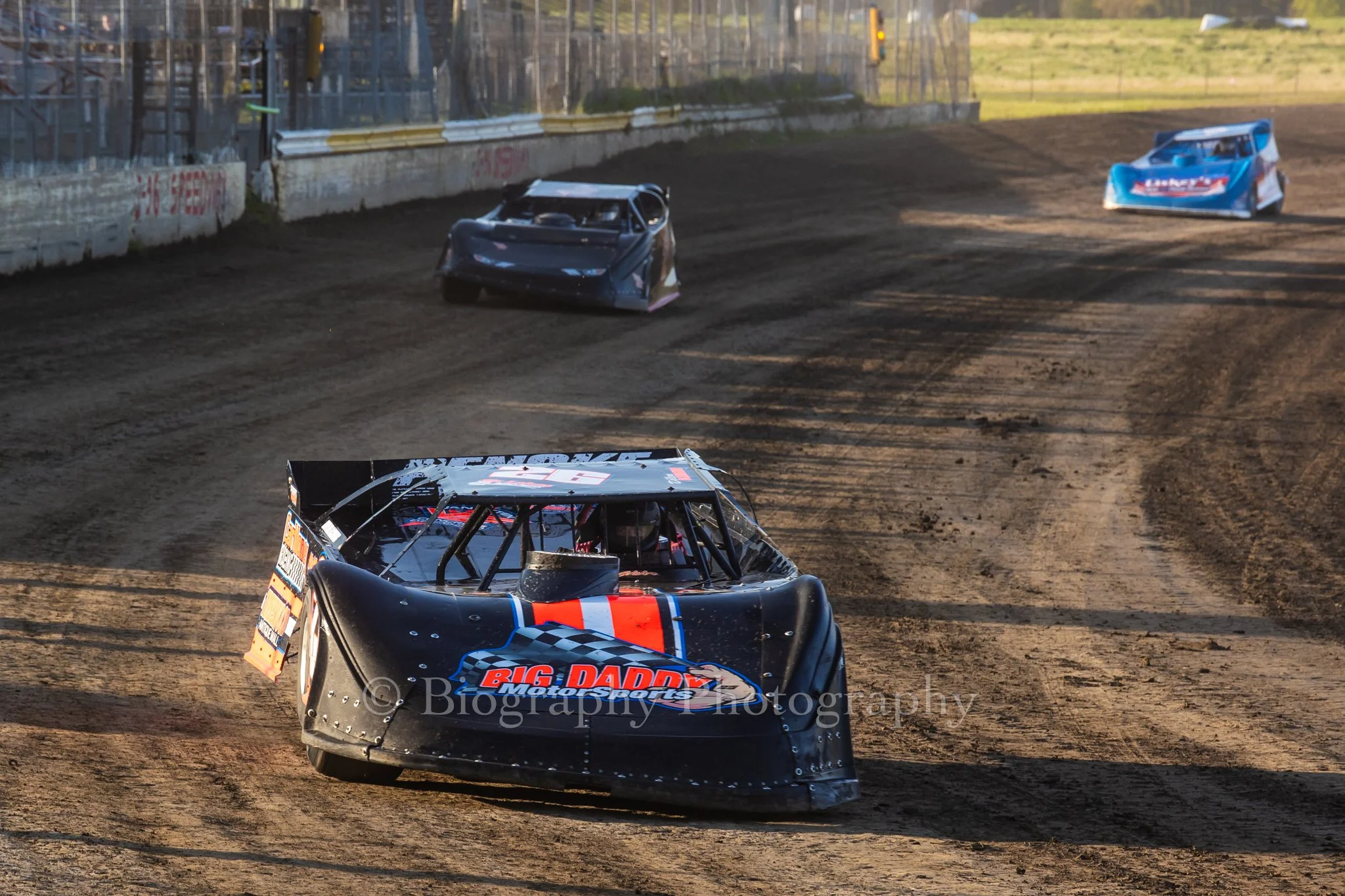  Late model racers during hot laps at I-96 Speedway on Friday night.  