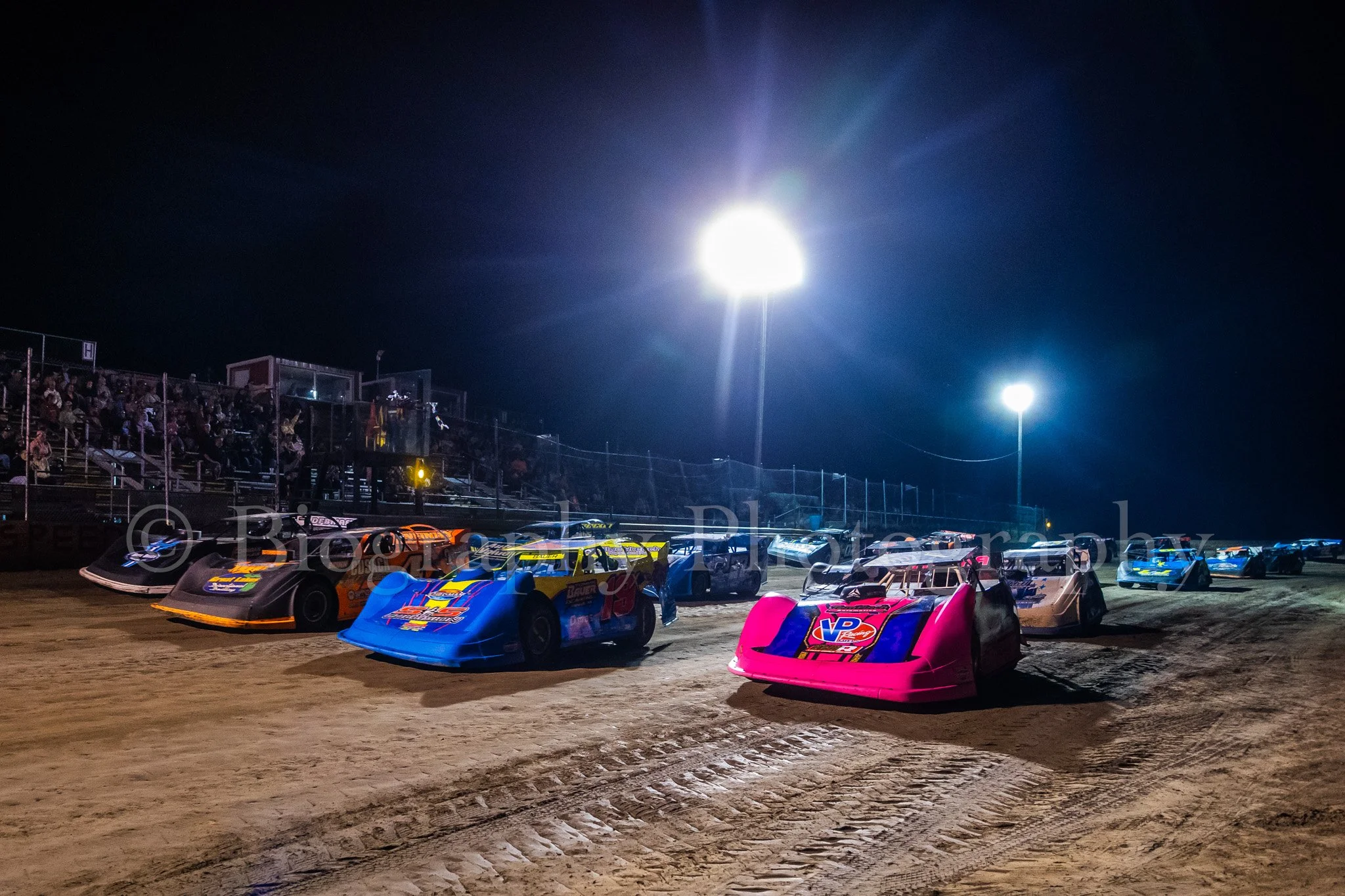 Four Wide parade lap with dirt track late models at I-96 Speedway