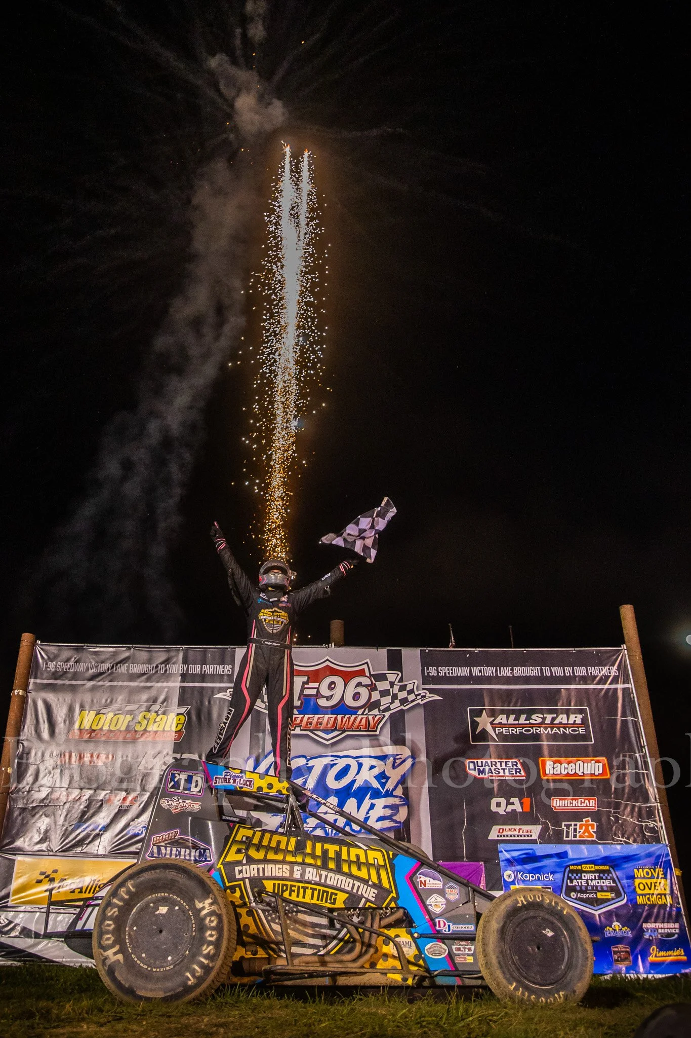 Dirt Track Sprint Car Victory Lane Celebration at I-96 Speedway