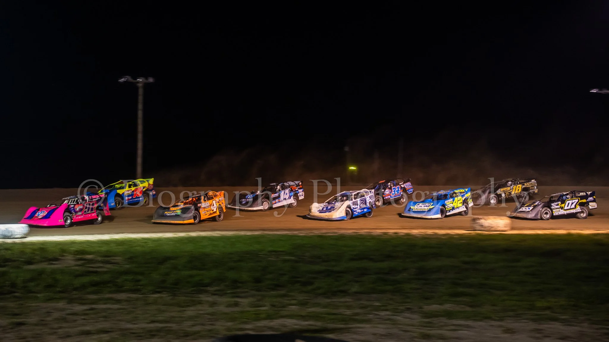 dirt track late models before taking the green flag at I-96 Speedway