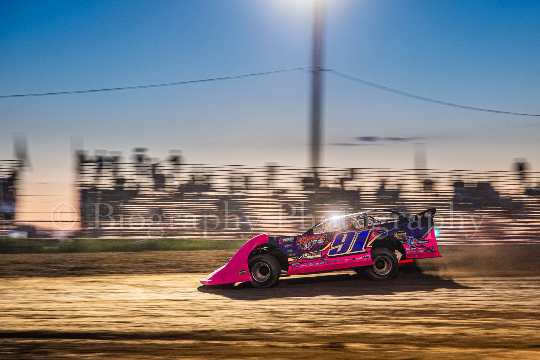 Twilight Image of the Dirt Late Model Feature Race Winner at I-96 Speedway