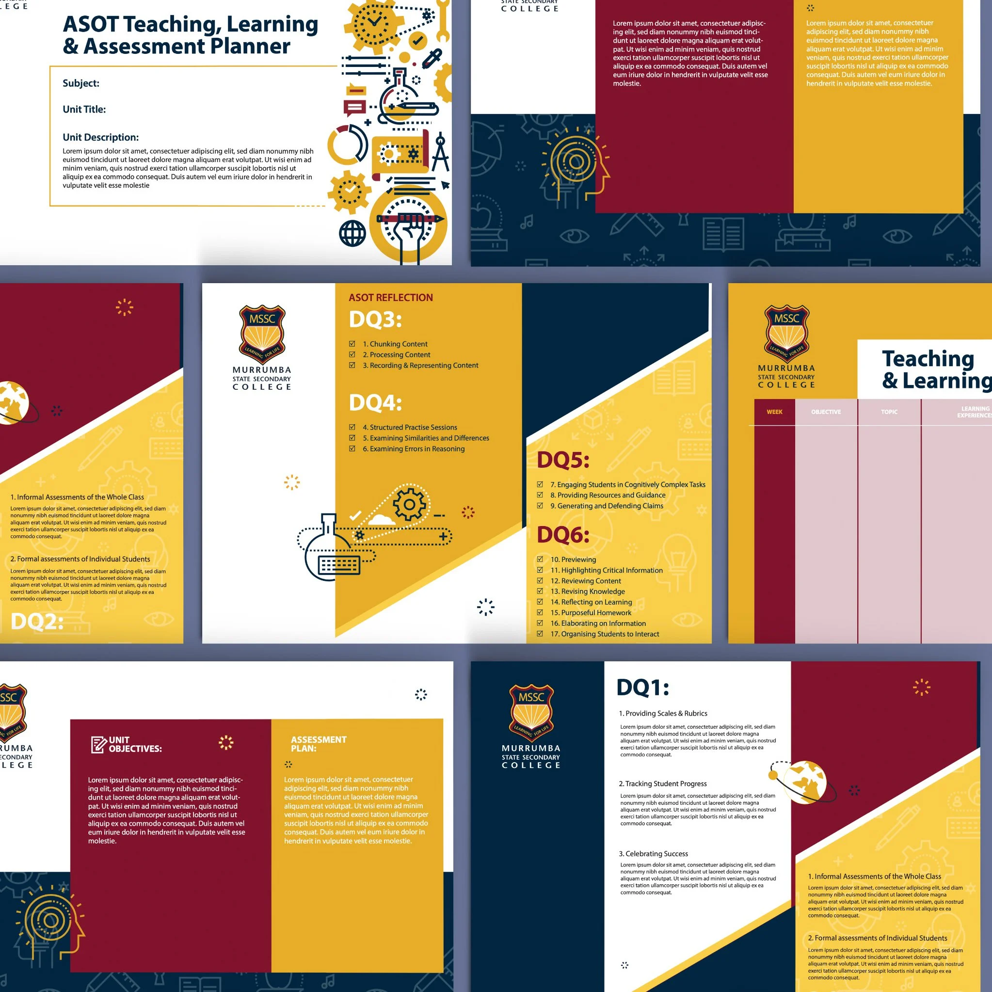 Curriculum and assessment planner templates designed for a high school featuring school branding and structured layout.