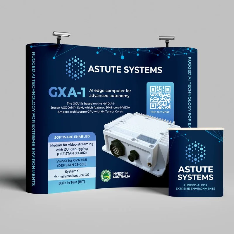 Trade show display banner and packaging design for Astute Systems