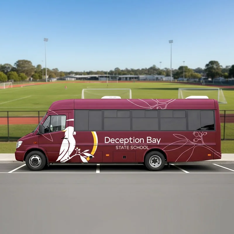 Vehicle wrap design for Deception Bay State School featuring maroon and gold branding with stylised cockatoo illustration