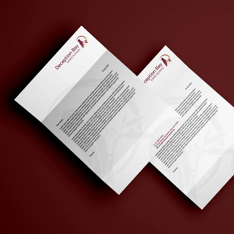 Custom letterhead design for Deception Bay State School incorporating the new cockatoo logo and maroon and gold colour palette.
